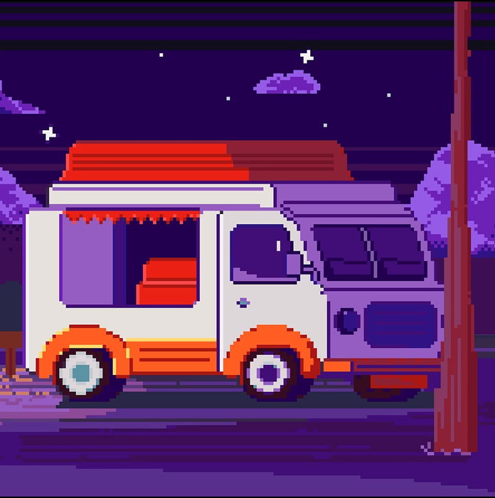 Пиксельная иллюстрация фургона в ретро-стиле, стоящего ночью на дороге. Бело-оранжевый микроавтобус с красной крышей изображён на фоне фиолетового ночного неба со звёздами и облаками, рядом видны деревья и столб. Атмосфера напоминает 8-битную игру